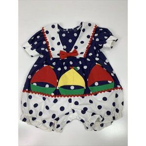 VTG 1980s Polkadot Baby One Piece Polkadot Sailboat Applique Pinup 6-9mos Blue